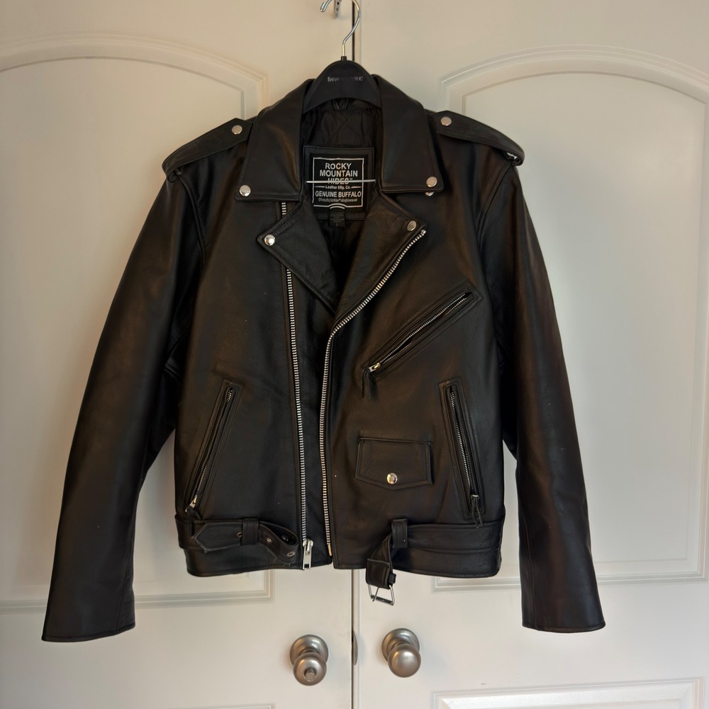 Rocky Mountain Hides Mens Black Genuine Buffalo Leather Motorcycle Jacket Belted